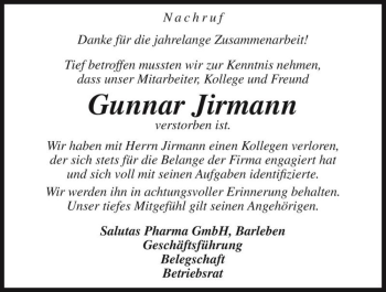 Traueranzeige von Gunnar Jirmann  von Magdeburger Volksstimme