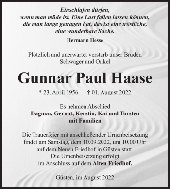 Traueranzeige von Gunnar Paul Haase  von Magdeburger Volksstimme