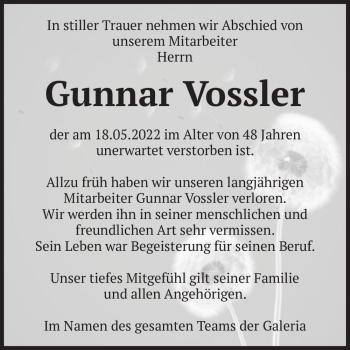 Traueranzeige von Gunnar Vossler  von Magdeburger Volksstimme