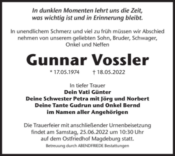 Traueranzeige von Gunnar Vossler  von Magdeburger Volksstimme