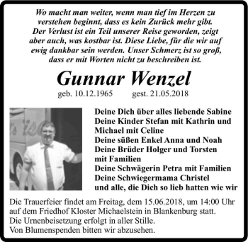 Traueranzeige von Gunnar Wenzel  von Magdeburger Volksstimme