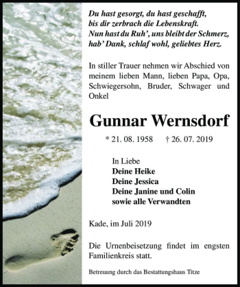 Traueranzeige von Gunnar Wernsdorf  von Magdeburger Volksstimme