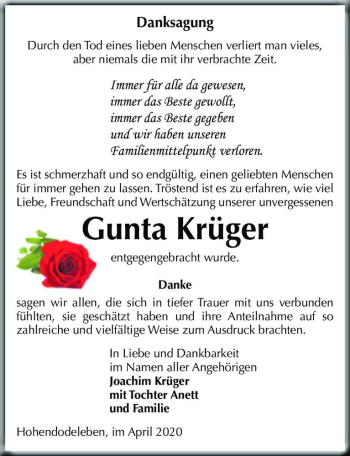 Traueranzeige von Gunta Krüger  von Magdeburger Volksstimme