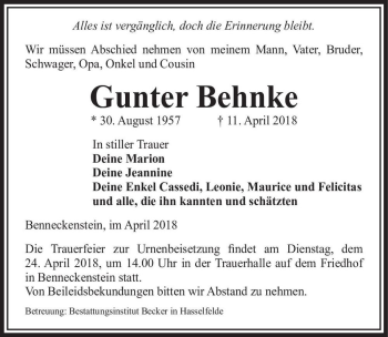 Traueranzeige von Gunter Behnke  von Magdeburger Volksstimme