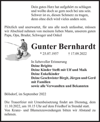 Traueranzeige von Gunter Bernhardt  von Magdeburger Volksstimme