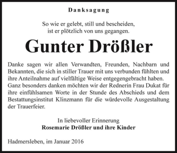 Traueranzeige von Gunter Drößler  von Magdeburger Volksstimme