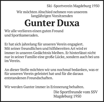 Traueranzeige von Gunter Duxa  von Magdeburger Volksstimme