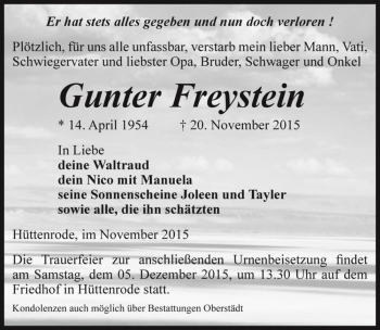 Traueranzeige von Gunter Freystein  von Magdeburger Volksstimme