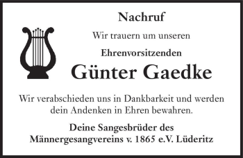 Traueranzeige von Gunter Gaedke  von Magdeburger Volksstimme
