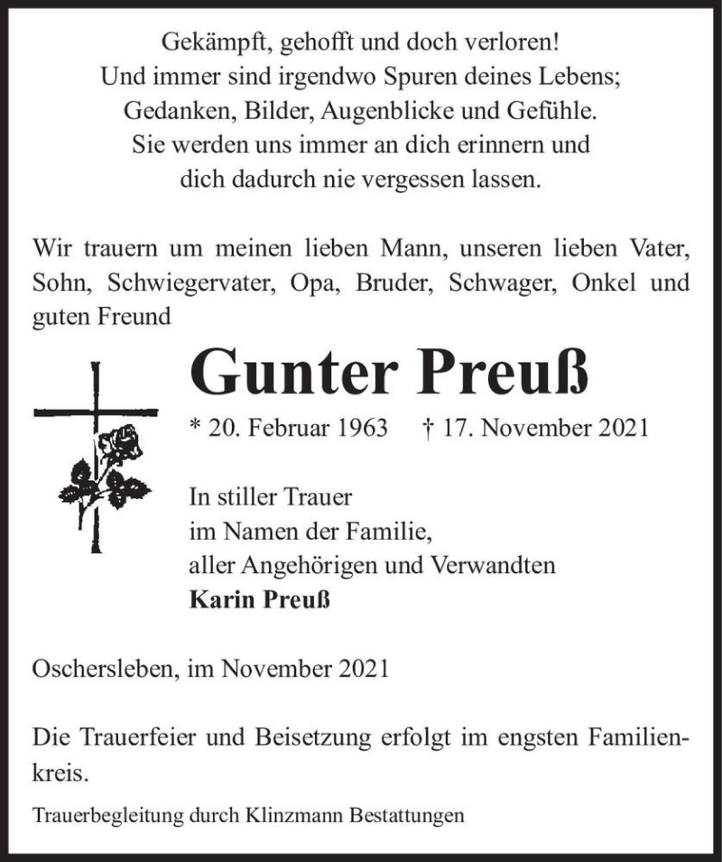  Traueranzeige für Gunter Preuß  vom 27.11.2021 aus Magdeburger Volksstimme
