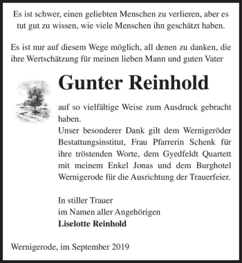 Traueranzeige von Gunter Reinhold  von Magdeburger Volksstimme