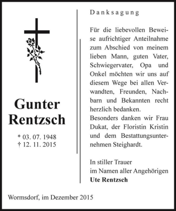 Traueranzeige von Gunter Rentzsch  von Magdeburger Volksstimme