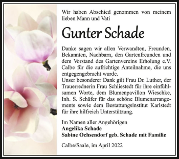 Traueranzeige von Gunter Schade  von Magdeburger Volksstimme