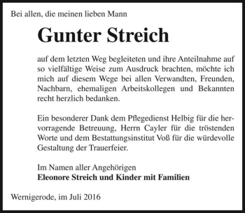 Traueranzeige von Gunter Streich  von Magdeburger Volksstimme
