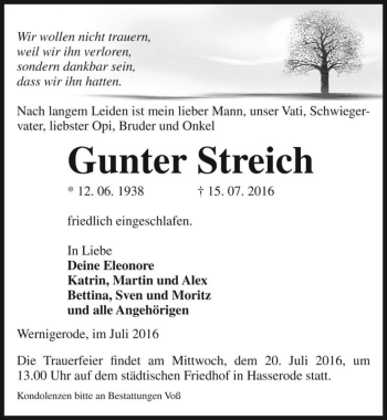 Traueranzeige von Gunter Streich  von Magdeburger Volksstimme