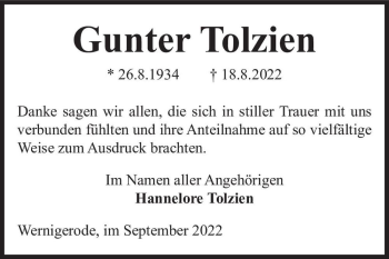 Traueranzeige von Gunter Tolzien  von Magdeburger Volksstimme