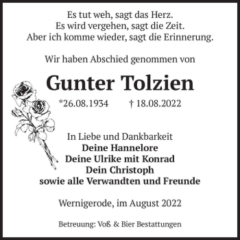 Traueranzeige von Gunter Tolzien  von Magdeburger Volksstimme