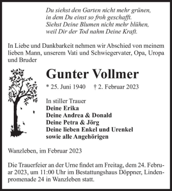 Traueranzeige von Gunter Vollmer  von Magdeburger Volksstimme