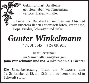 Traueranzeige von Gunter Winkelmann  von Magdeburger Volksstimme