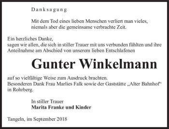 Traueranzeige von Gunter Winkelmann  von Magdeburger Volksstimme