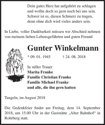 Traueranzeige von Gunter Winkelmann  von Magdeburger Volksstimme