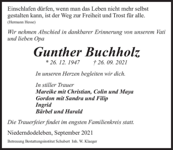 Traueranzeige von Gunther Buchholz  von Magdeburger Volksstimme