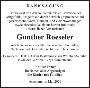 Traueranzeige von Gunther Roeseler  von Magdeburger Volksstimme