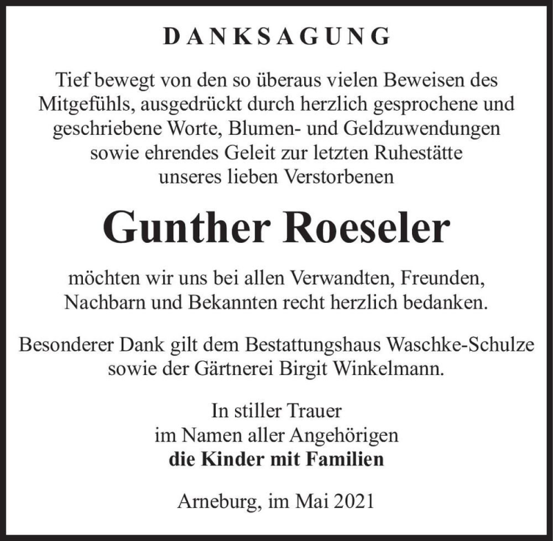  Traueranzeige für Gunther Roeseler  vom 07.05.2021 aus Magdeburger Volksstimme