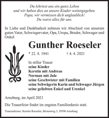 Traueranzeige von Gunther Roeseler  von Magdeburger Volksstimme