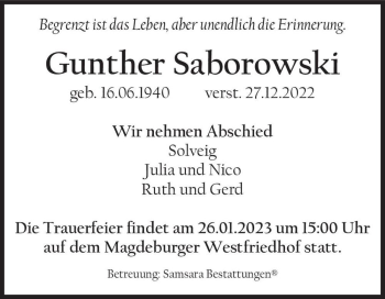 Traueranzeige von Gunther Saborowski  von Magdeburger Volksstimme