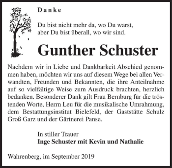 Traueranzeige von Gunther Schuster  von Magdeburger Volksstimme