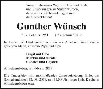 Traueranzeige von Gunther Wünsch  von Magdeburger Volksstimme