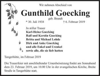 Traueranzeige von Gunthild Goecking (geb. Brandt)  von Magdeburger Volksstimme