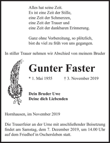 Traueranzeige von Guntner Faster  von Magdeburger Volksstimme