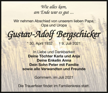 Traueranzeige von Gustav-Adolf Bergschicker  von Magdeburger Volksstimme