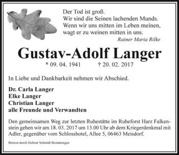 Traueranzeige von Gustav-Adolf Langer  von Magdeburger Volksstimme