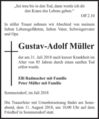 Traueranzeige von Gustav-Adolf Müller  von Magdeburger Volksstimme