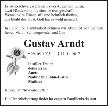 Traueranzeige von Gustav Arndt  von Magdeburger Volksstimme