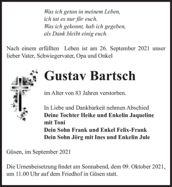 Traueranzeige von Gustav Bartsch  von Magdeburger Volksstimme