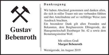 Traueranzeige von Gustav Bebenroth  von Magdeburger Volksstimme