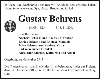 Traueranzeige von Gustav Behrens  von Magdeburger Volksstimme