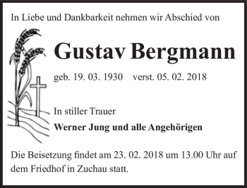 Traueranzeige von Gustav Bergmann  von Magdeburger Volksstimme