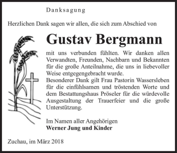 Traueranzeige von Gustav Bergmann  von Magdeburger Volksstimme