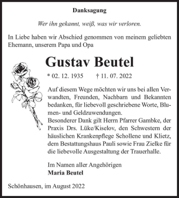 Traueranzeige von Gustav Beutel  von Magdeburger Volksstimme