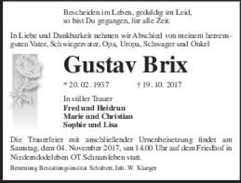 Traueranzeige von Gustav Brix  von Magdeburger Volksstimme