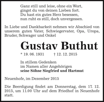 Traueranzeige von Gustav Buthut  von Magdeburger Volksstimme