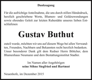 Traueranzeige von Gustav Buthut  von Magdeburger Volksstimme