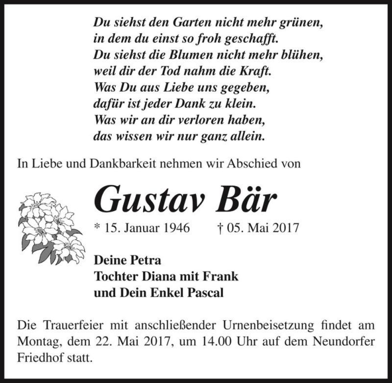  Traueranzeige für Gustav Bär  vom 13.05.2017 aus Magdeburger Volksstimme