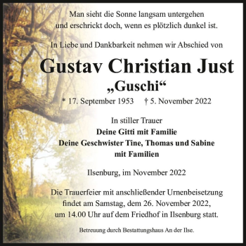 Traueranzeige von Gustav Christian Just 