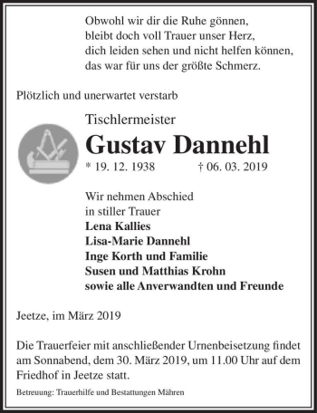 Traueranzeige von Gustav Dannehl  von Magdeburger Volksstimme